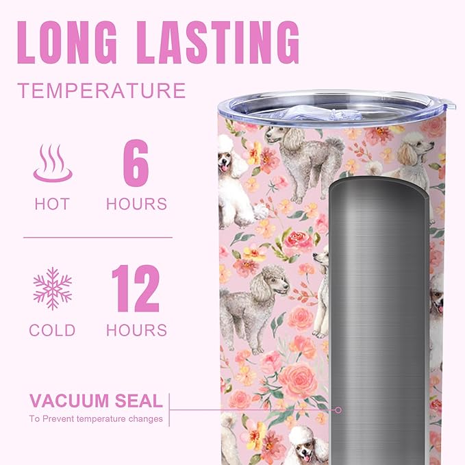 Yogusut Poodle Gifts for Women, 20oz Stainless Steel Insulated Tumbler Travel Mug Cup with Lid Straw Brush, Gifts for Dog Mom Dog Lover