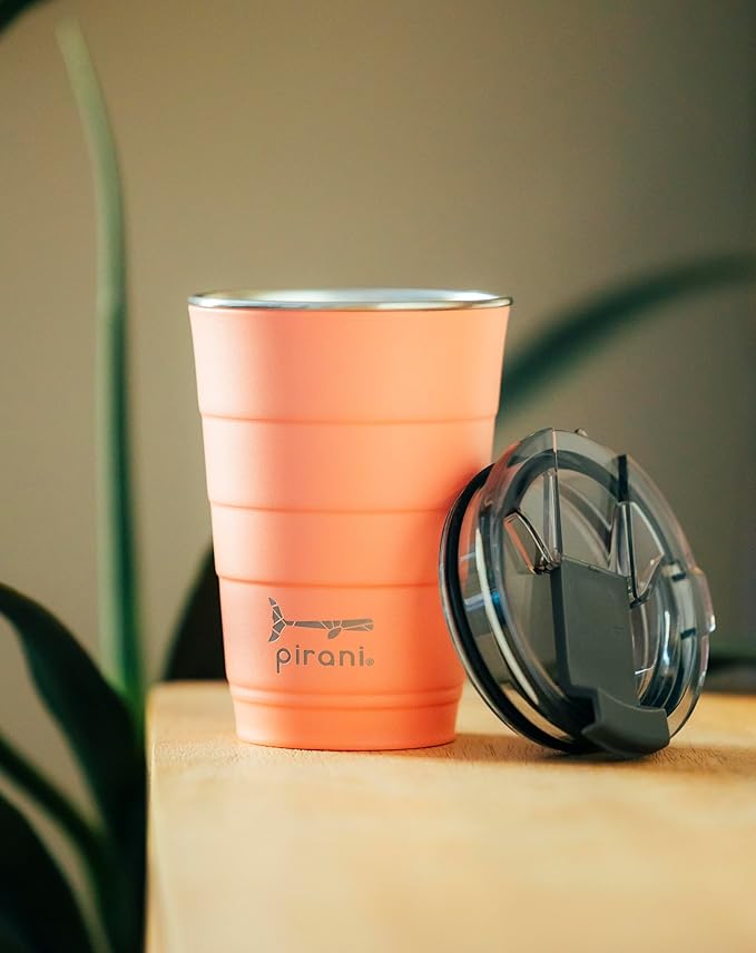 Pirani 16oz Insulated Stackable Tumbler - Skinny-Wall Triple Vacuum Insulation Cup with Version 2.0 Air-Tight, Screw-On Lid Lid - Space Saving Design - Coral