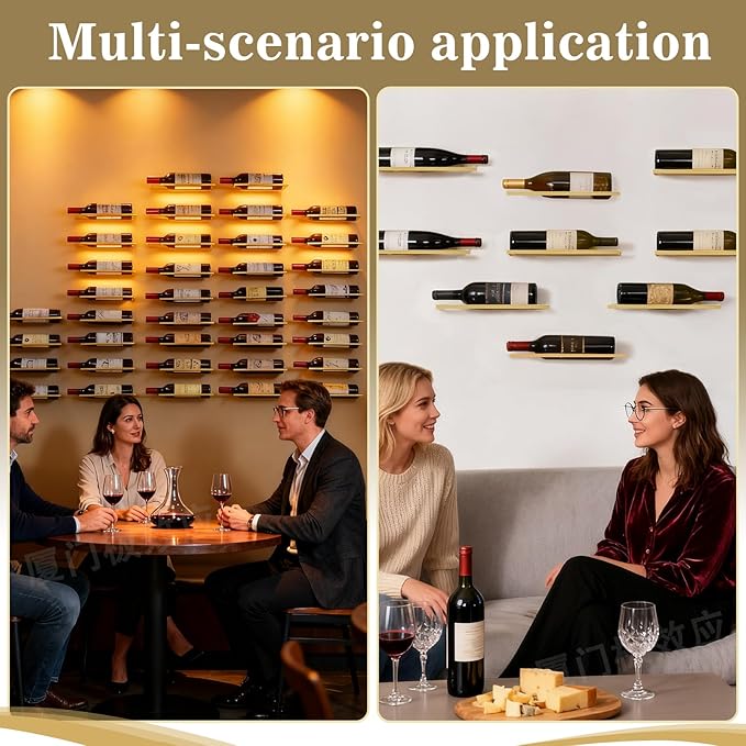 6-Shelf Metal Wall Mounted Wine Rack - Hanging Wine Bottle Holder Organizer for Kitchen, Bar, Home Storage - 6PCS Iron Wine Bottle Display Stand (6PCS-Gold)