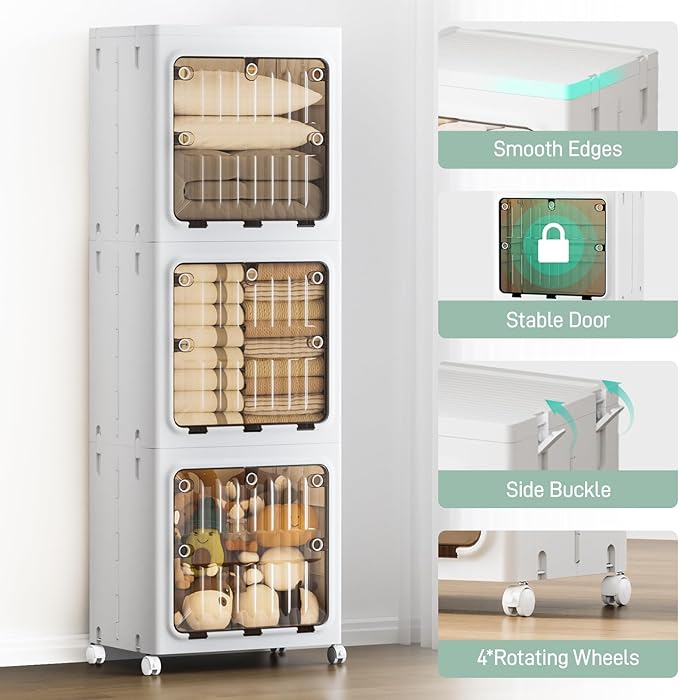 JEKO&JEKO Expanded Narrow Bathroom Storage Cabinet, 3-Tier Tall Cabinet Organizer with Wheels, Foldable Plastic Storage for Kitchen, Laundry Room or Home, White