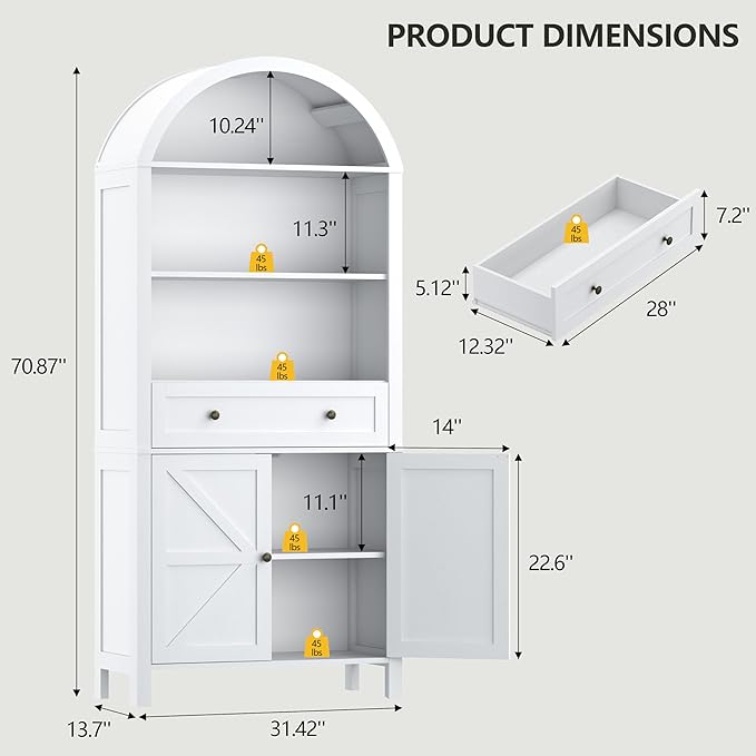 Arched Cabinet with Doors, 71" Tall Freestanding Pantry Cabinet with Large Drawer and 3 Tier Open Shelves, Farmhouse Wood Storage Cabinets, Versatile Cupboard for Kitchen and Dining Room, White