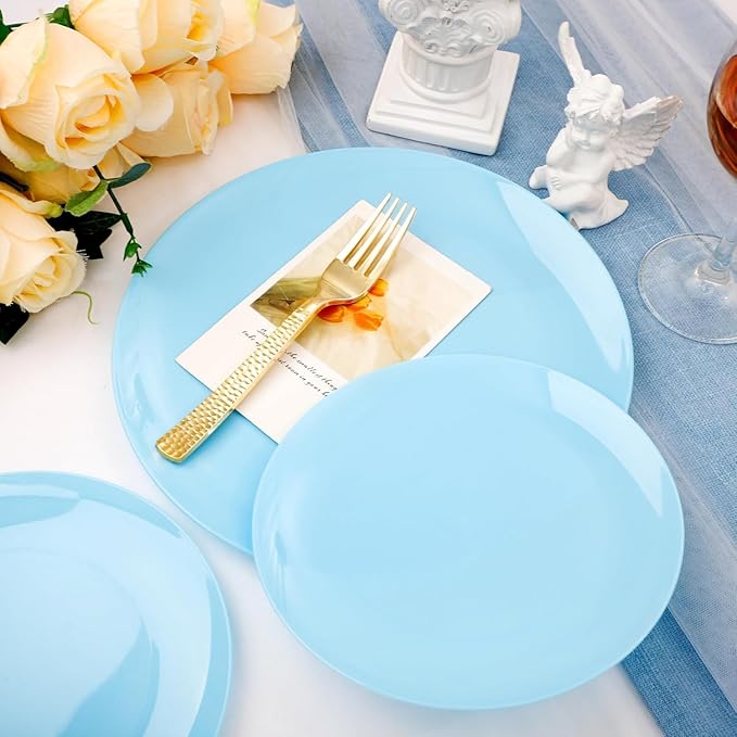 KIRE 60PCS Blue Plastic Plates Disposable - Heavy Duty Light Blue Plates Include 30Pcs 10.25??Dinner Plates and 30Pcs 7.5??for Dessert/Salad in Baby Shower/Picnic