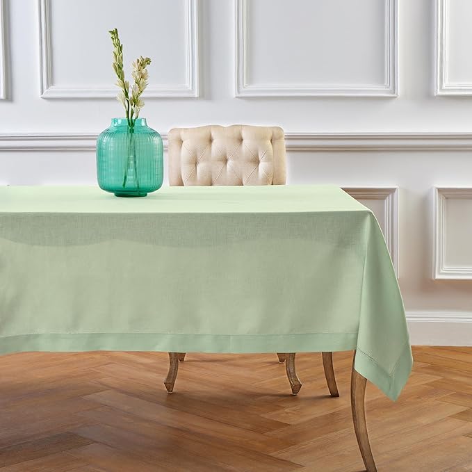 Solino Home Linen Tablecloth for Rectangle Tables 60 x 90 Inch - Classic Hemstitch 100% Pure Linen Light Green Table Cloth - Machine Washable Cloth Tablecloth for Spring, St Patricks Day, Easter