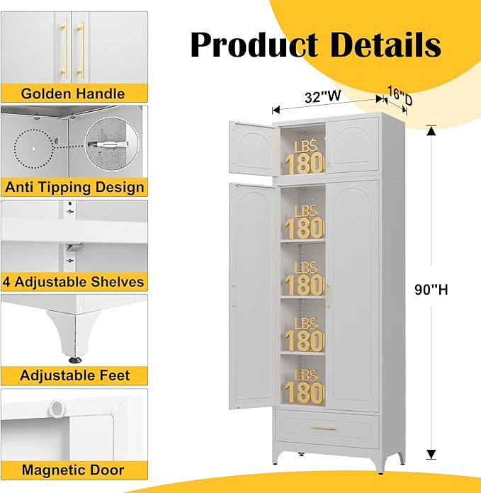 Kitchen Pantry Cabinet竊?0" Storage Cabinets with Doors and Shelves,Metal Pantry Cabinet with Drawers,White Kitchen Cupboard for Livingroom,Pantry, Bathroom