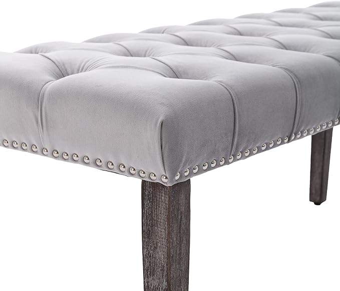 KCC Button-Tufted Ottoman Bench, Upholstered Bedroom Benches Velvet Footrest Stool Accent Bench for Entryway Dining Room Living Room Bedroom End of Bed, Gray