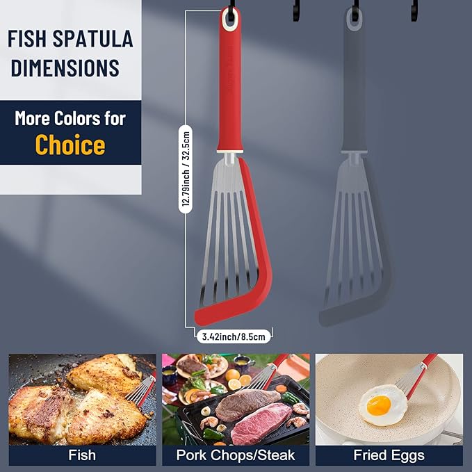 Fish Spatula,600??Heat Resistant Silicone Fish Spatula with Basting Brush,for Nonstick Cookware,Flexible Slotted Fishs Turner Spatulas,BPA Free,Dishwasher Safe(Red)