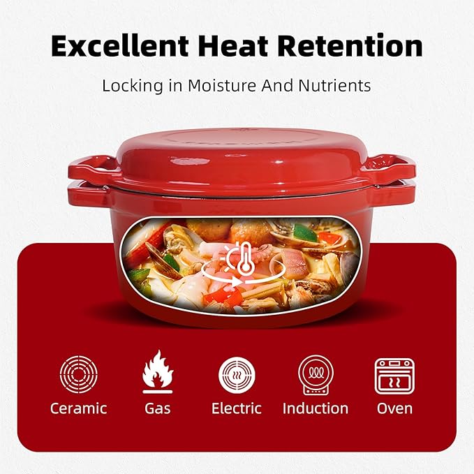 2-in-1 Enameled Cast Iron Braiser Pan with Grill Lid - 5-Quart Small Dutch Oven, Non-Stick Cookware Multi Cooker for Bread Baking Cooking Stewing, Suit for All Cooktops, Dual Handles & Oven Safe, Red