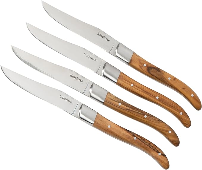 Bloomhouse 4-Piece German Stainless Steel Steak Knife Set ??Premium Olive Wood Handle Steak Knives, Full-Tang Blades for Dining
