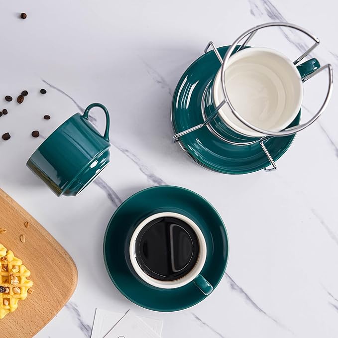 8oz Porcelain Cappuccino Cups with Saucers and Metal Stand, Stackable Coffee Cups for Specialty Coffee Drinks, Cappuccino, Latte, Espresso, Americano and Tea - Cups Set of 4, Green