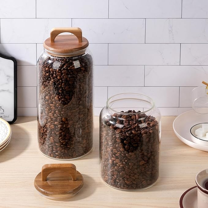WHJY 2 pack 107oz Large Glass Jars with Wood Lids Flour Sugar Storage Containers for Kitchen Pantry Large Airtight Clear Canister for Coffee Bean Snacks Dried Goods