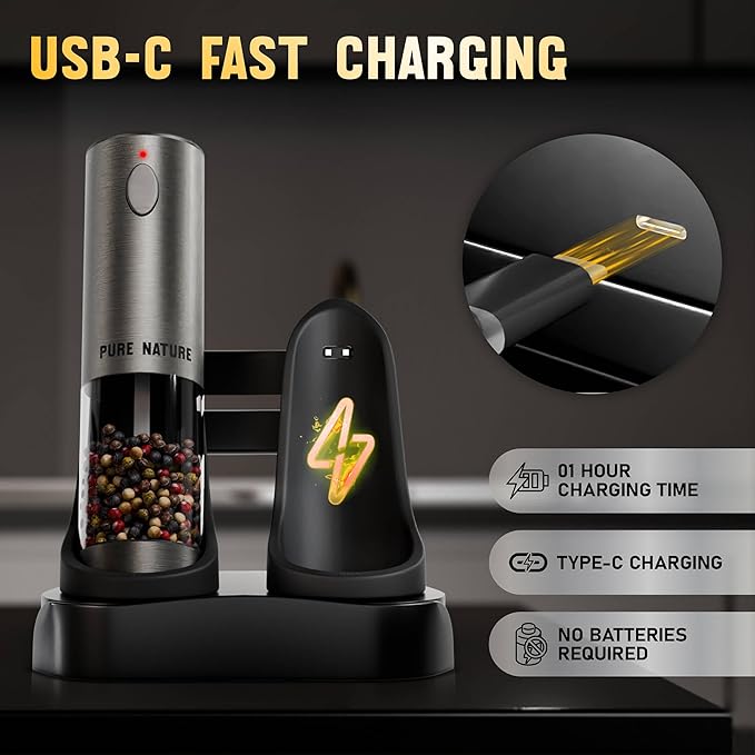 Pure Nature Electric Salt and Pepper Grinder Set with Rechargeable Base ??Stainless Steel, Large Capacity, LED Light, 5 Adjustable Coarseness Levels, Refillable, Type-C Fast Charging