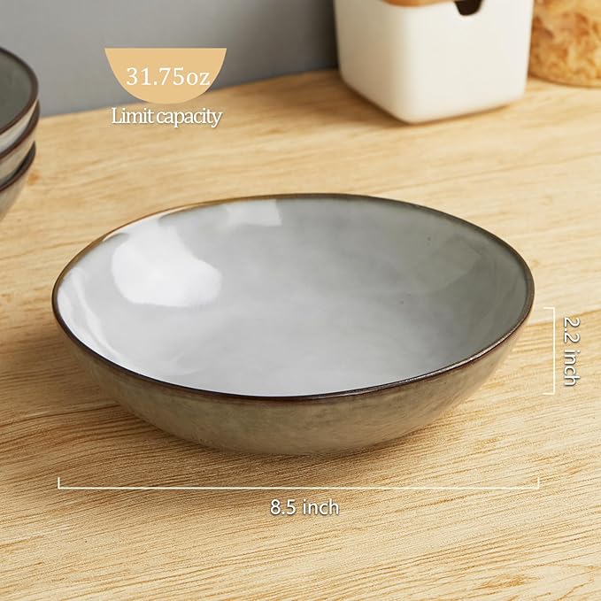 famiware Large Pasta Bowls Set of 4, Ocean Round 8.5" Pasta Serving Bowl Large Dinner Bowls, Kitchen Bowl Set, Microwave and Dishwasher Safe, Scratch Resistant, Grey