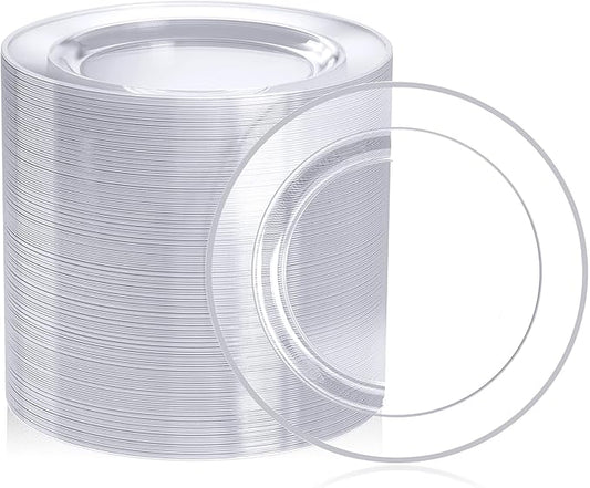 FOCUSLINE 100 Count Clear Silver Plastic Plates 7 Inch, Disposable Heavy Duty Clear Plates with Silver Rim, Premium Hard Plastic Plate Fancy Disposable Salad Dessert Plate for Wedding Parties