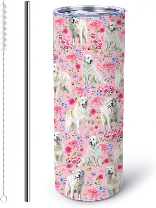 Yogusut Great Pyrenees Gifts for Women, 20oz Stainless Steel Insulated Tumbler Travel Mug Cup with Lid Straw Brush, Gifts for Dog Mom Dog Lover