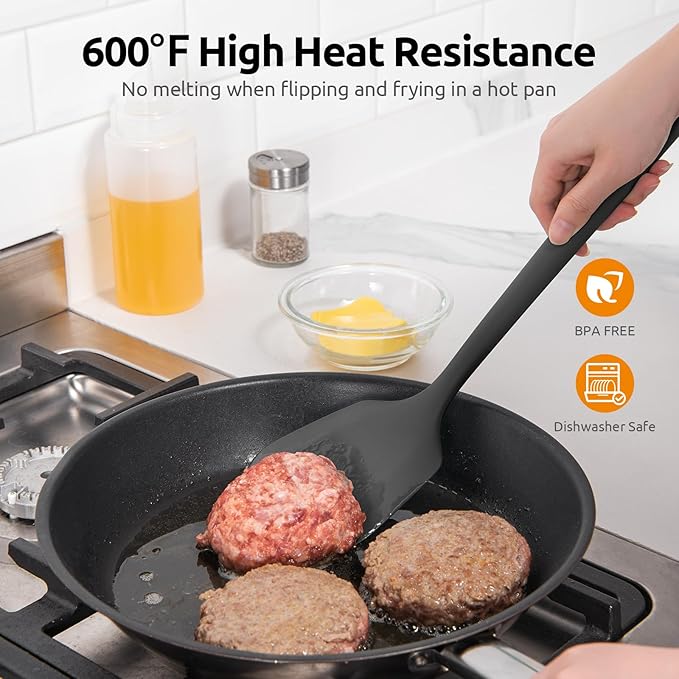 600쨘F Heat Resistant Silicone Turner: U-Taste 13.6in Long Solid & Slotted Thick Kitchen Spatula Flipper, Large Flexible Cooking Utensil for Flipping Egg in Nonstick Cookware (Classic Black, 2PCS)
