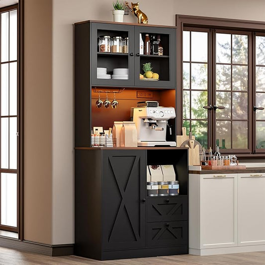 71?섃셁itchen Pantry Storage Cabinet with LED Lights and Power Outlet, Tall Farmhouse Kitchen Hutch with Microwave Stand,Globet Hooks and Adjustable Shelf for Dining Living Room,Black