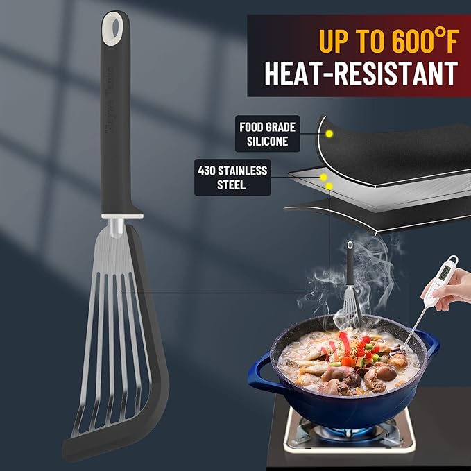 Fish Spatula,600??Heat Resistant Silicone Fish Spatula with Basting Brush,for Nonstick Cookware,Flexible Slotted Fishs Turner Spatulas,BPA Free,Dishwasher Safe(Black)