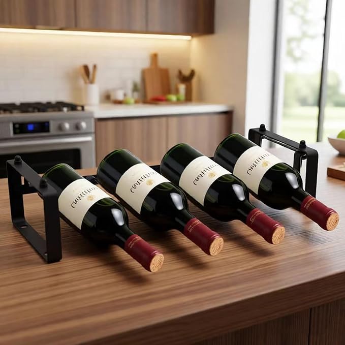 Stackable 4 Bottles Wine Rack ??Compact Metal Wine Holder for Countertop, Cabinet, Pantry, Bar, or Small Spaces ??Small Freestanding Wine Storage Organizer for Tight Spaces (1 Tier, Black)