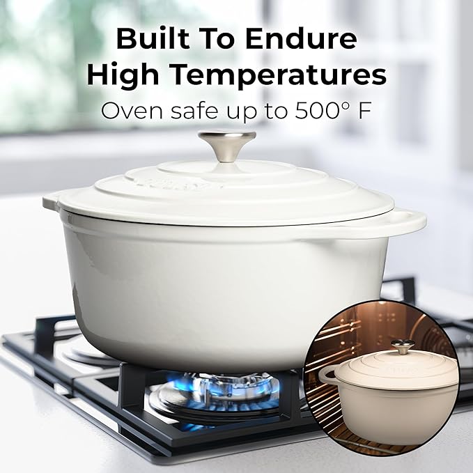 Zulay Kitchen 7.7 Quart Enameled Cast Iron Dutch Oven Pot with Lid ??Premium Durability & Oven Safe up to 500째F ??Heavy Duty Cookware Perfect for Bread Baking, Stews, Braising & Roasting ??White