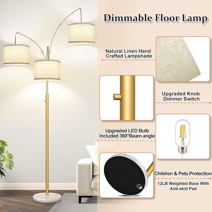 Nintiue Dimmable Floor Lamp - 3 Lights Gold Floor Lamps for Living Room Linen White Shades & Marble Base, Mid Century Tree Floor Lamp for Bedroom Office, 3 LED Bulbs Included
