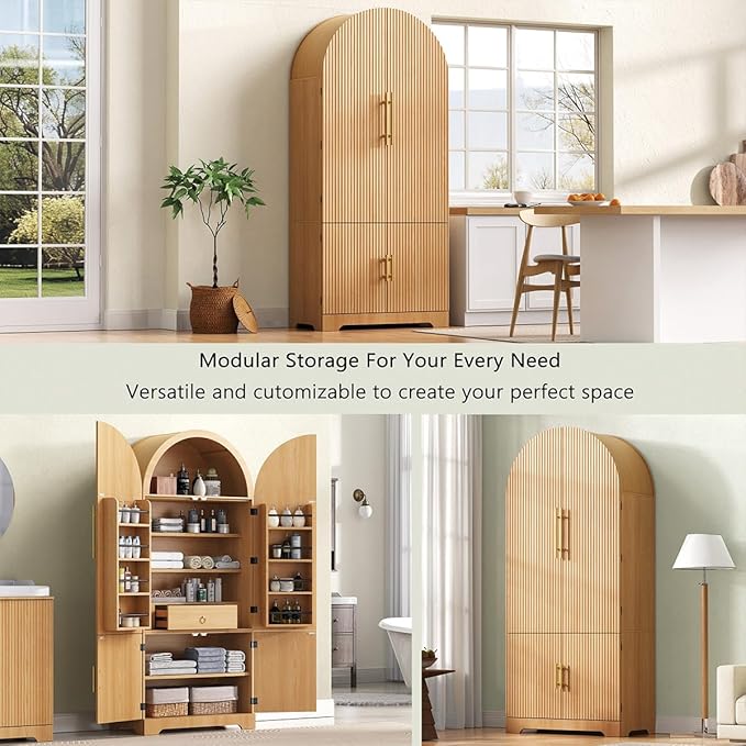 72" Tall Arched Kitchen Pantry Cabinet with 8 Door Shelves and Hidden Drawer, Fluted Storage Cabinets with 3 Adjustable Shelves, Versatile Cupboard for Kitchen (Natural)