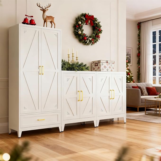 71" White Kitchen Pantry Cabinet,4-Tier Tall Metal Storage Cabinet with Drawer,Freestanding Display Steel Cupboard for Dining Room,Living Room,Hallway,Bathroom