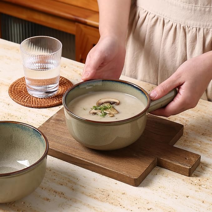 MONITO 28 Oz French Onion Soup Bowls, Ceramic Soup Bowls with Handles, Stackable Soup Crocks, Oven/Microwave/Dishwasher Safe, for Cereal, Soups, Casseroles
