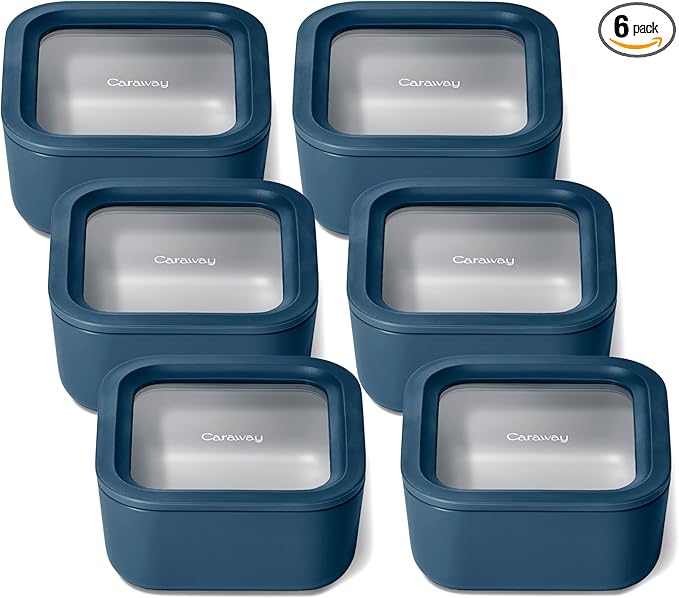 Caraway 6pc Glass Food Storage Set ??4.4 Cup Food Containers (6) - Ceramic Coated - Non Toxic, Non Stick with Lids - Microwave Safe - Navy