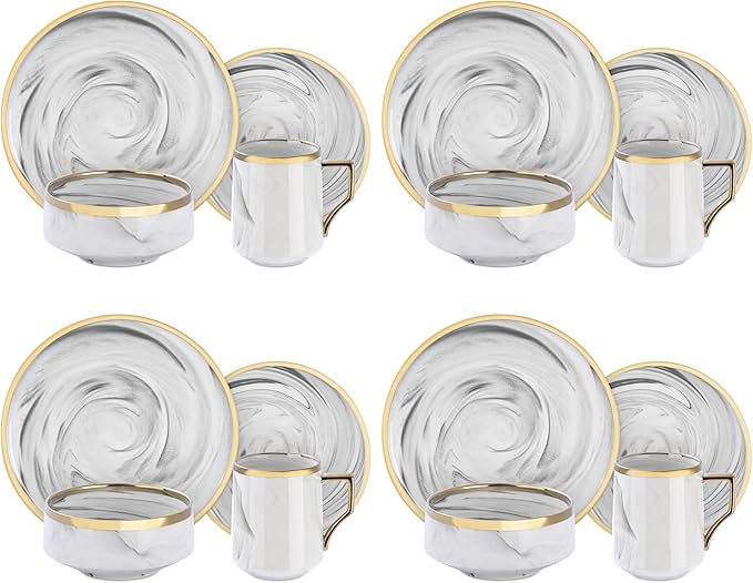 16 Piece Plates and Bowls Sets, Fine China Artisan Marbled Dinner Set for 4, Dishwahser Safe, Scratch Resistant, Grey with Gold Line
