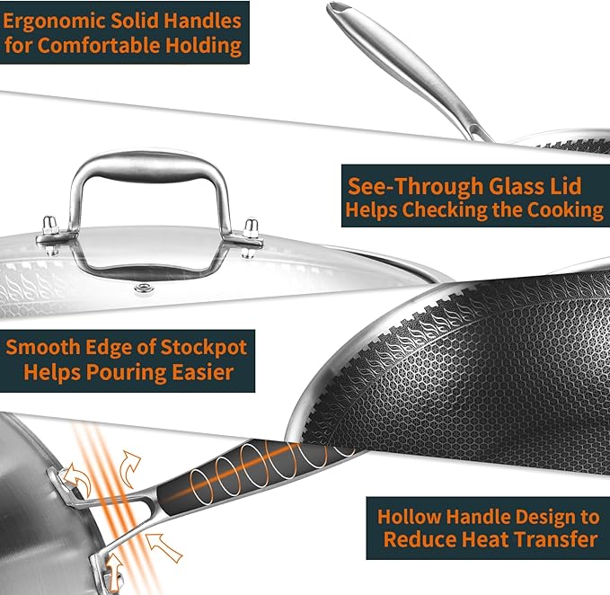 DELARLO Tri-Ply Stainless Steel Wok Pan With Lid 13 Inch, Oven Safe Up to 600??Woks & Stir-Fry Pans Nonstick Wok, Deep Frying Pan Efficent Fast Even Heating