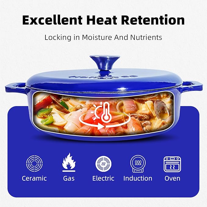 5.5 Quart Enameled Cast Iron Dutch Oven with Lid ??Dual Handles ??Oven Safe up to 500째 F or on Stovetop - Use to Marinate, Cook, Bake, Refrigerate and Serve ??Blue
