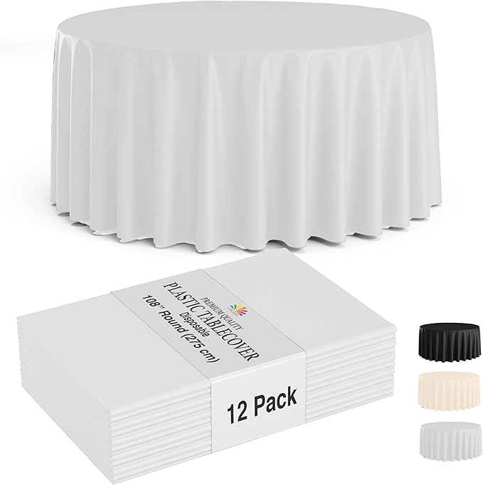 Party Solids 12-Pack White Round Plastic Tablecloth Disposable ??Size: 108 Inches ??Round Plastic Table Cloths for Parties, Picnics & Formal Events
