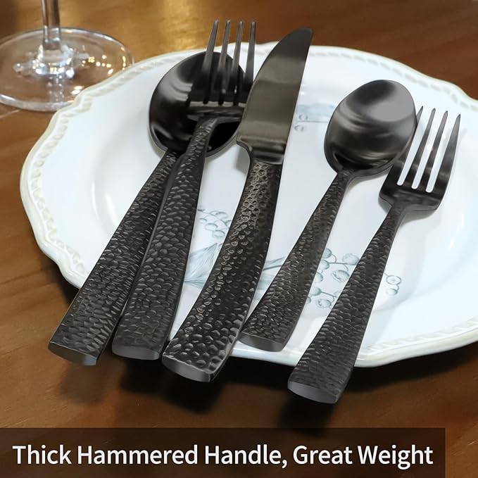 Matte Black Hammered Flatware Set Stainless Steel Silverware Set 20 Pieces Cutlery Set for Home Kitchen Restaurant Hotel Housewarming Wedding Gift Service for 4