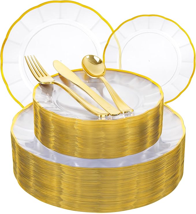 EI 150pcs Clear Plastic Plates with Gold Plastic Silverware,Disposable Plate Heavy Duty,Clear and Gold Dinnerware Set,Elegant Plates for Party,Wedding,Afternoon Tea,Spring,Valentine's Day