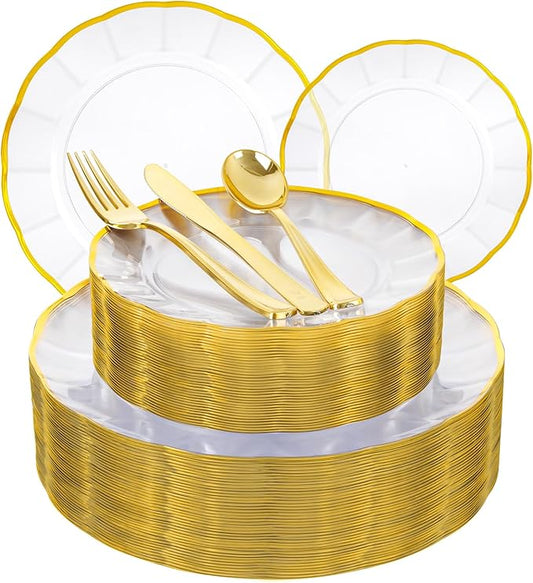 EI 150pcs Clear Plastic Plates with Gold Plastic Silverware,Disposable Plate Heavy Duty,Clear and Gold Dinnerware Set,Elegant Plates for Party,Wedding,Afternoon Tea,Spring,Valentine's Day