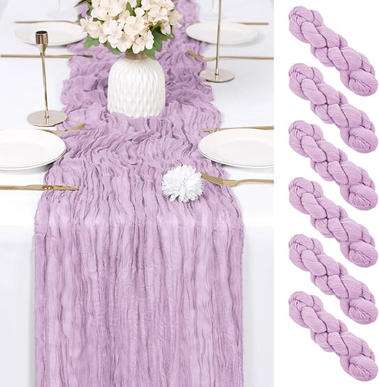 RealBox 6 Pack Lavender Cheesecloth Table Runner 17x108 Inch Semi Sheer Boho Gauze Cheese Cloth Fabric Table Runners Table Decor for Wedding Party Baby Shower Birthday Home Decor Garden Farmhouse