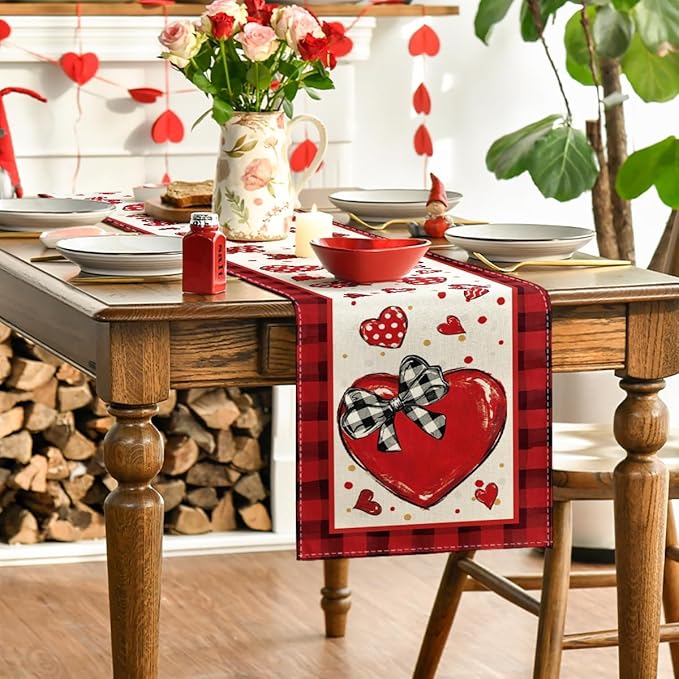 Artoid Mode Red Buffalo Plaid Heart Bow Tie Valentine's Table Runner, Seasonal Kitchen Dining Table Decoration for Home Party Decor 13x72 Inch