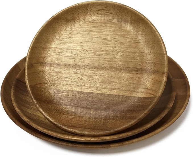 Acacia Wooden Plates Set of 3, 6/8/10 Inch Round Serving Platters for Charcuterie, Appetizers, Acacia Wood Plates, Stackable Dinnerware Trays for Kitchen, Party & Entertaining (Round Tray)