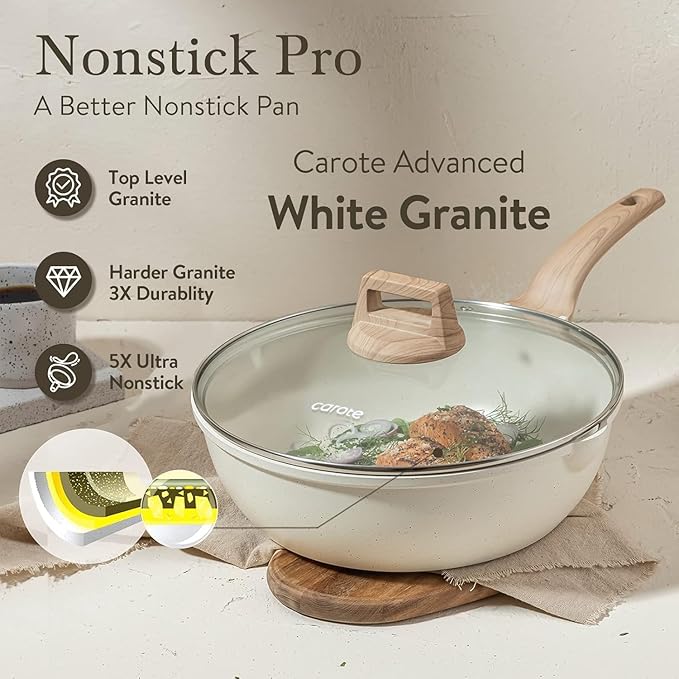 CAROTE 10Inch Nonstick Deep Frying Pan with Lid, 4.5Qt Jumbo Cooker Saute Pan with Pour Spout, Skillet Induction Cookware, Non Stick Cooking Pan Kitchen Pan PFOA Free, White Granite