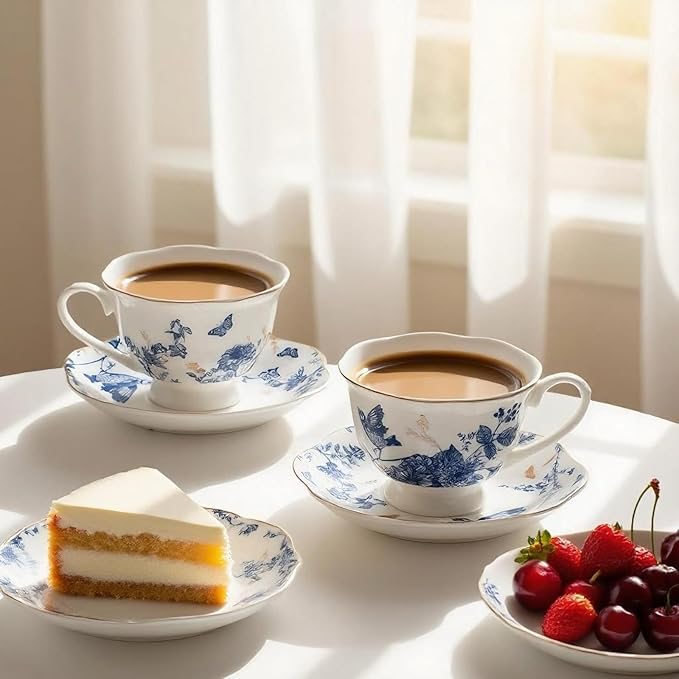 Tea Cup Set of 2, Coffee Cups with Saucers 7 Oz (200ml) Vintage Floral Porcelain with Gold Trim Teacups, Cappuccino Cup, Latte Mugs for Mother's Day, Party, Birthday Gifts