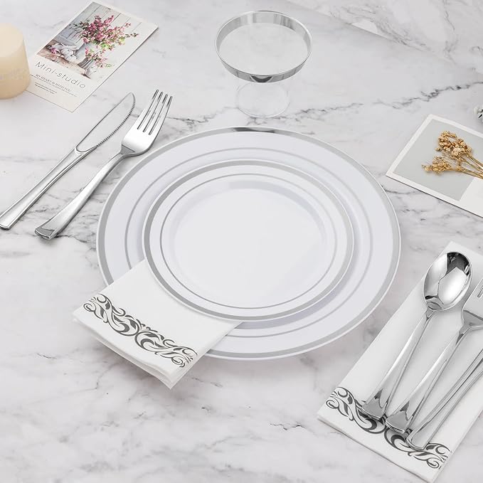 BESTVIP 700 PCS Silver Dinnerware Set for 100 Guests, Plastic Dinnerware Set for Party, Wedding, Christmas, Include: 200 Plastic Plates, 100 Silver Silverware, 100 Cups, 100 Paper Napkins