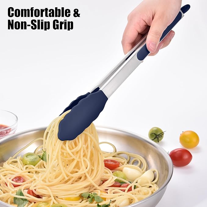 Doosu Kitchen Tongs for Cooking - 600째F Heat Resistant Food Tong with Non-Scratch Silicone Tips, Heavy Duty Stainless Steel Locking Tong for BBQ, Grilling Steak, Serving Salad Pasta (12in, Navy Blue)