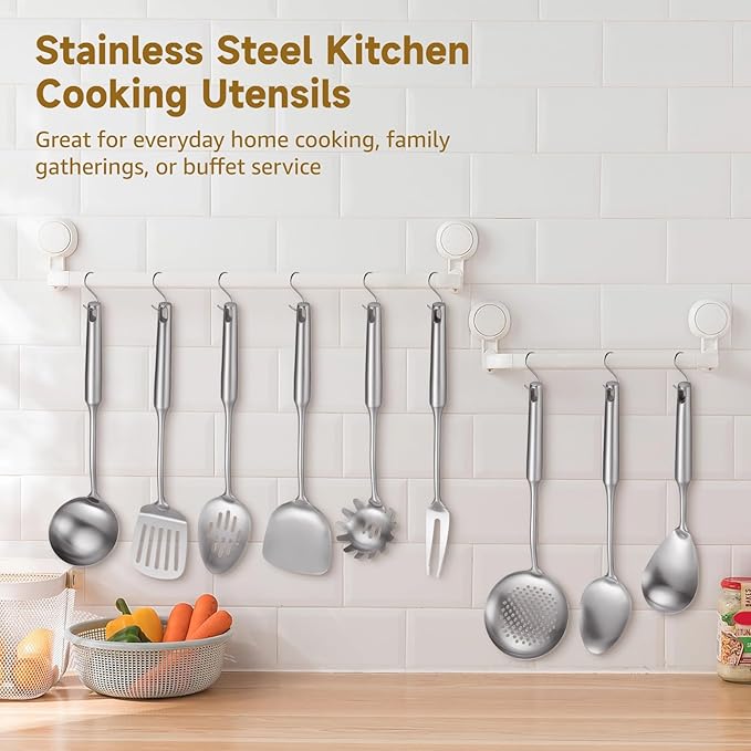 9 PCS Stainless Steel Cooking Utensils, Kitchen Serving Utensil with Long Handle & Hanging Hole, Skimmer, Ladle, Spatula, Slotted Spoon, Pasta Server, Meat Fork, Dishwasher Safe