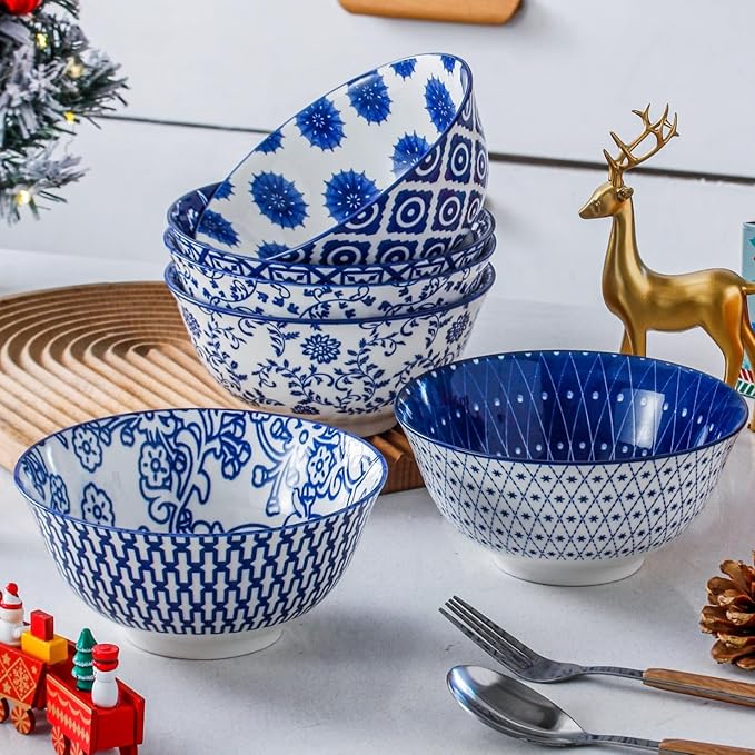 Cerkik Ceramic Soup Bowls Set - 24 Oz Deep Cereal Bowl for Kitchen - 6 Inch Large Porcelain Dinner Bowl Eating Salad Pasta Dessert Oatmeal - Microwave Dishwasher Safe - Set of 6 - Vintage Blue