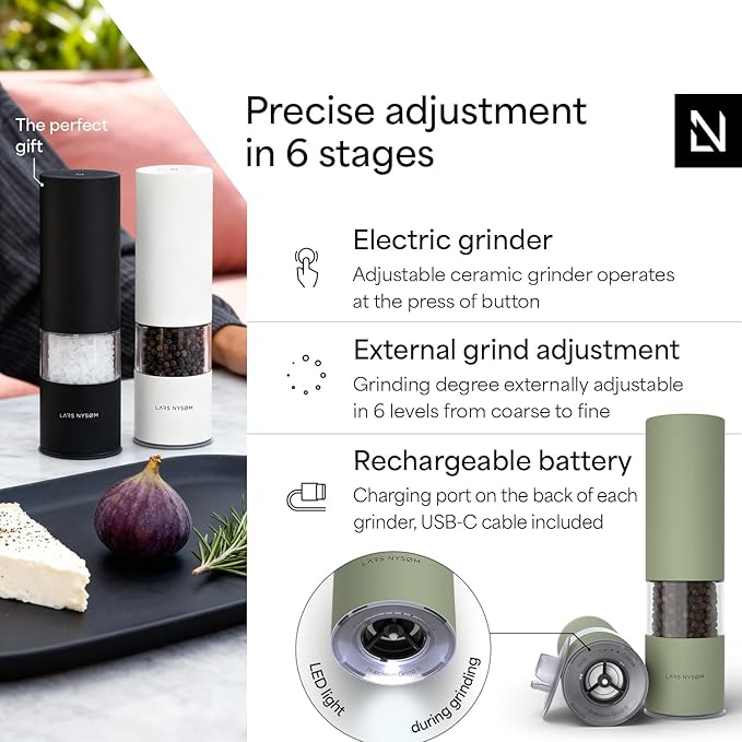 LARS NYS횠M Electric Salt and Pepper Grinder Set I Automatic Salt and Pepper Mills with Adjustable Ceramic Grinder I USB Rechargeable Electric Spice Mill Set with LED Light (Sage Green)