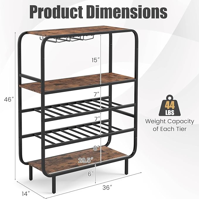 GOFLAME 16 Bottle Wine Rack, Freestanding Floor 5-Tier Wine Display Shelf w/Glass Holders, Metal Frame Industrial Liquor Display Stand with Storage Shelf for Kitchen, Home Bar