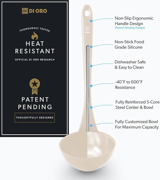 DI ORO Silicone Ladle ??Soup Ladle for Cooking & Serving Heat-Resistant - Large Kitchen Soup Ladle Nonstick Cookware Safe - Soup Serving Spoon with Wide Bowl - Silicone Utensil Dishwasher Safe (Clay)