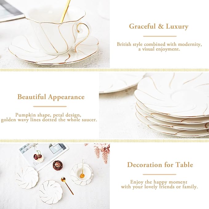 DUJUST 6 pcs Porcelain Tea Saucer, 6 inch, Luxury British Style Tea/Coffee Cup Saucer with Golden Trim, Beautiful for Living Room Decor, Party Set, Gift Package - White