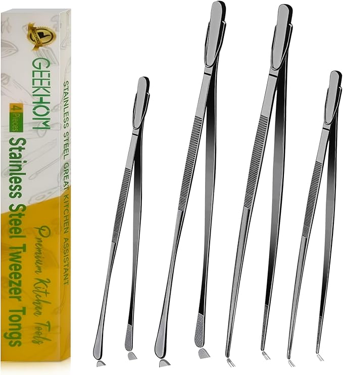 GEEKHOM 4-Piece 12 & 10-Inch Cooking Tongs: Professional Stainless Steel Scissor Tongs Set with Non-Slip Grip (Black)