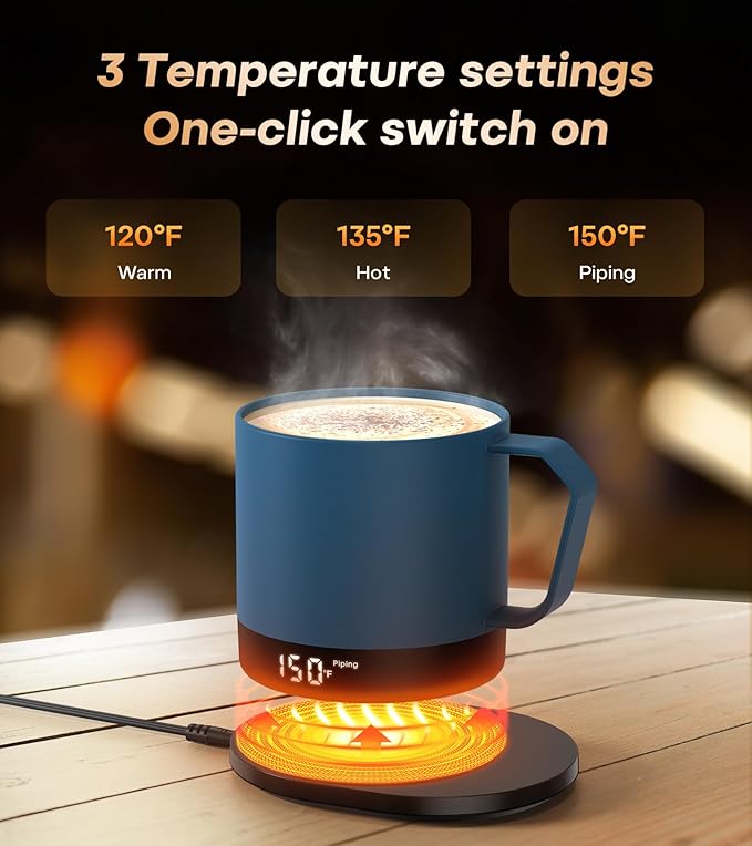 Heated Coffee Mug Rechargeable - Temperature Control Self Heating Coffee Mug 14oz with Lid, Double Sided & Real-Time LED Display, Hot up to 150?? Birthday Gifts for Women and Men(Blue)